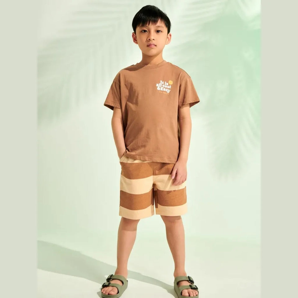 A young boy modeling a two-piece casual set consisting of a brown short-sleeve t-shirt with a white graphic on the chest and matching brown and beige striped shorts, standing against a light mint green background with soft palm leaf shadows.