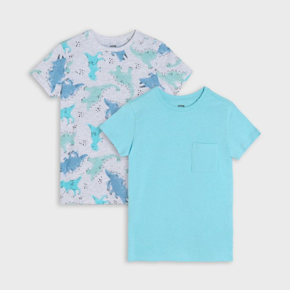 Two children's short-sleeve T-shirts on a light gray background. The front shirt is light aqua blue with a single chest pocket, and the back shirt is white with a blue dinosaur print.