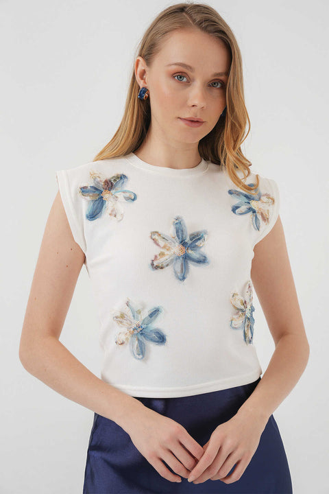 Big Dart Women's White Floral Patterned Sleeveless Crop Blouse | Big Dart In Lebanon