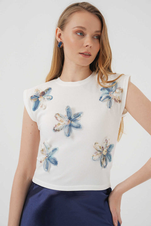 Big Dart Women's White Floral Patterned Sleeveless Crop Blouse | Big Dart In Lebanon