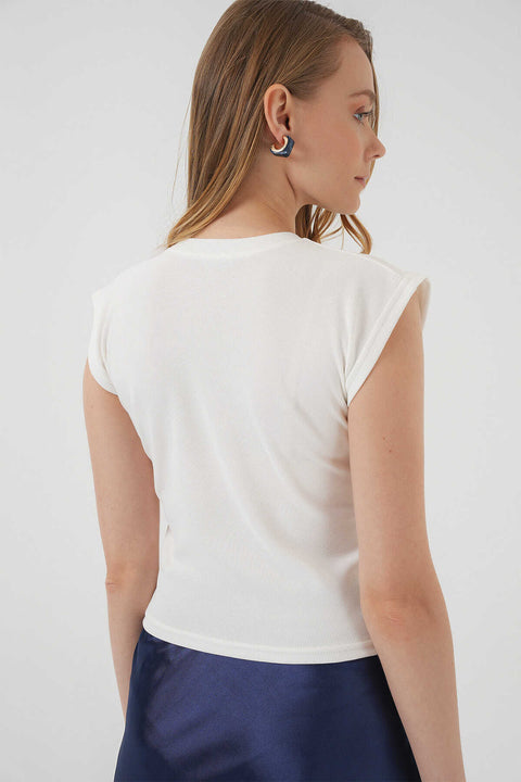 Big Dart Women's White Floral Patterned Sleeveless Crop Blouse | Big Dart In Lebanon