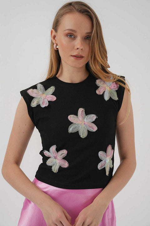 Big Dart Women's Black Floral Patterned Sleeveless Crop Blouse | Big Dart In Lebanon