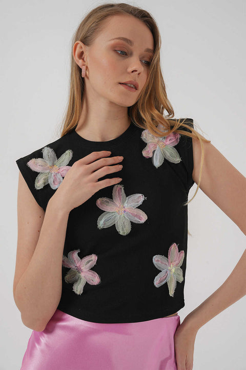 Big Dart Women's Black Floral Patterned Sleeveless Crop Blouse | Big Dart In Lebanon
