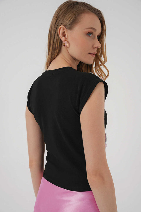 Big Dart Women's Black Floral Patterned Sleeveless Crop Blouse | Big Dart In Lebanon