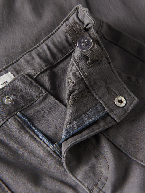 Close-up of dark gray pants with button and zipper details.