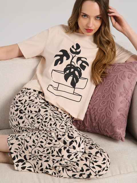 Sinsay Women's Beige/Black Two-Piece Pajamas With Short Sleeves | Sinsay In Lebanon