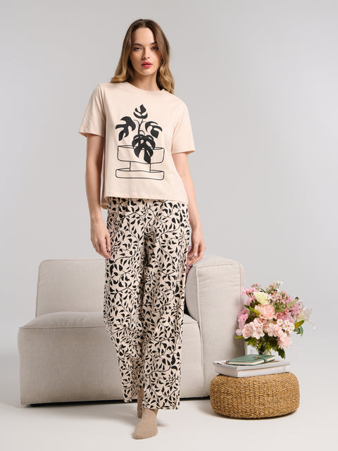 Sinsay Women's Beige/Black Two-Piece Pajamas With Short Sleeves | Sinsay In Lebanon