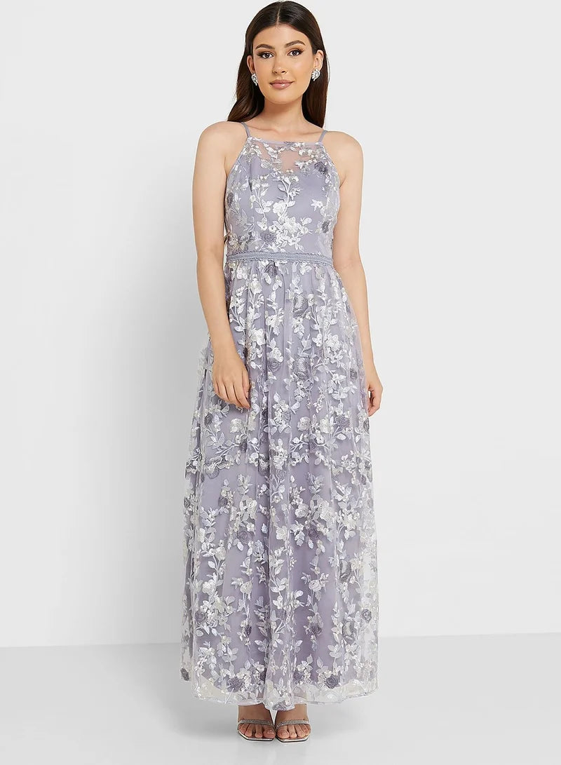 Chi Chi London Petite Women's Purple Embroidered Ruched Waist Floral Dress  |  Chi Chi London Petite in Lebanon