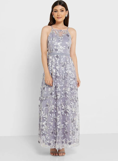 Chi Chi London Petite Women's Purple Embroidered Ruched Waist Floral Dress  |  Chi Chi London Petite in Lebanon