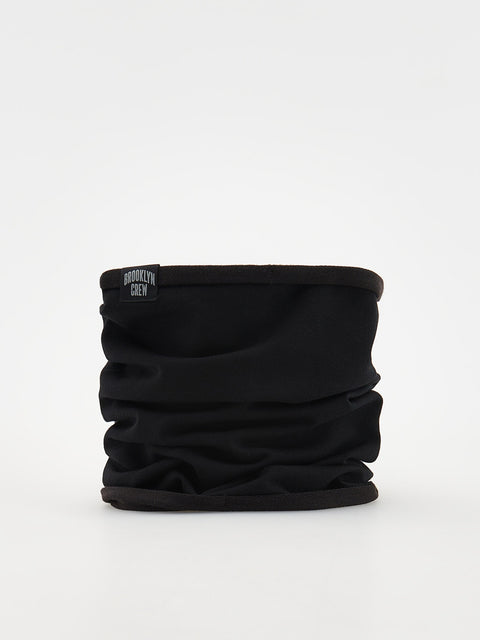Black neck gaiter with a brand logo on a white background