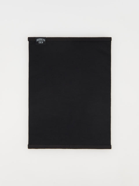 Black neck gaiter with a brand logo on a white background