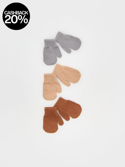 Four pairs of mittens in gray, beige, and brown on a light gray background