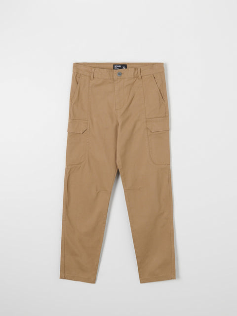 Beige pants with multiple pockets on a white background