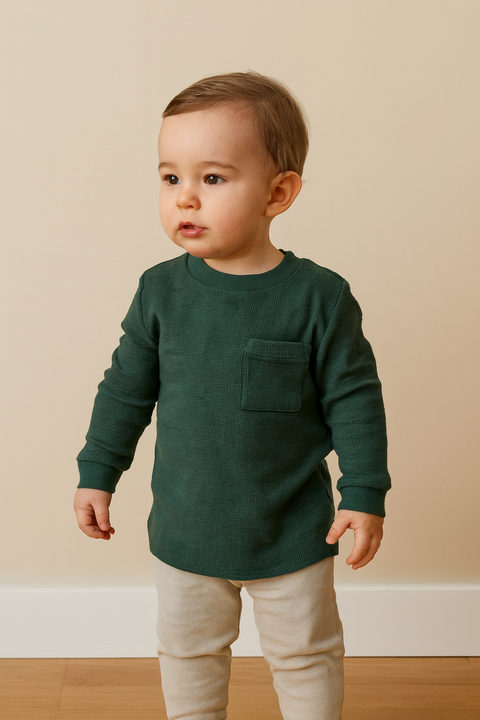 POMPdeLUX Baby Boy Dark Green Long Sleeve Blouse | POMPdeLUX in Lebanon
