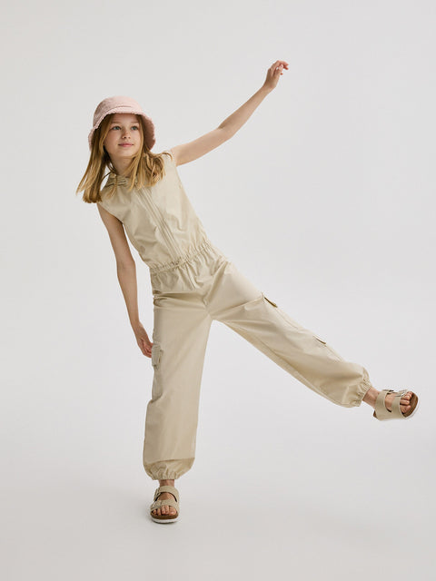 Reserved Girl's Beige Cotton Sleeve-Less Jumpsuit | Reserved In Lebanon