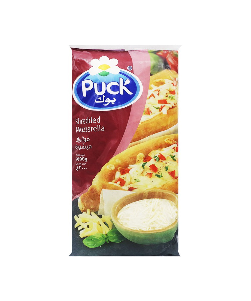 Packaging of Puck shredded mozzarella cheese with a pizza and bowl of cheese on a white background