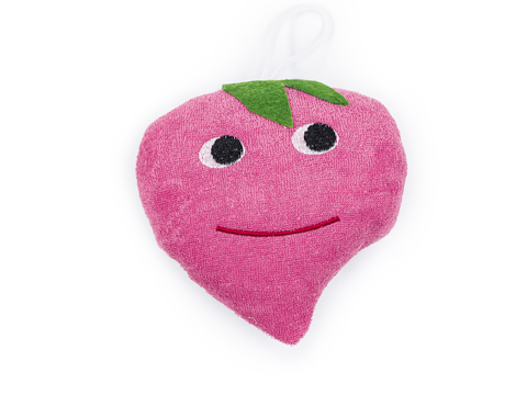 Pink toy with a face on a white background