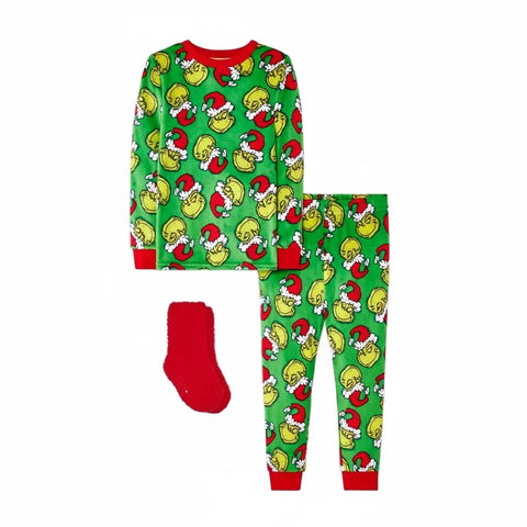 The Grinch Baby Boy's Green/Red 3 pc Soft Velboa Christmas Print Green Pajama and Socks Set  |The Grinch in Lebanon