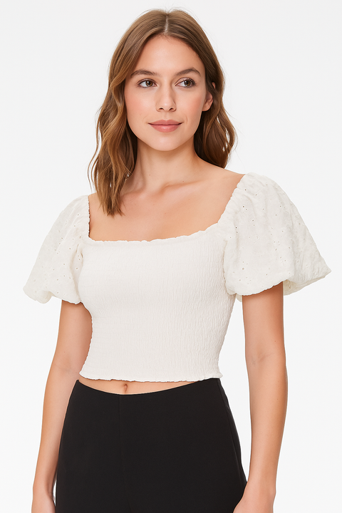 Forever 21 Women's White Square Neck Short Ruffle Sleeve Crop Top | Forever 21 In Lebanon