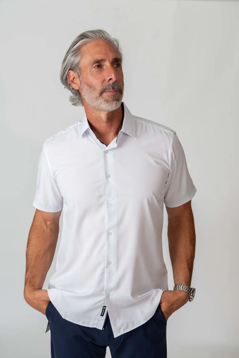 Tom Baine Men's White Solid Inner Performance Stretch Short Sleeve Shirt | Tom Baine In Lebanon