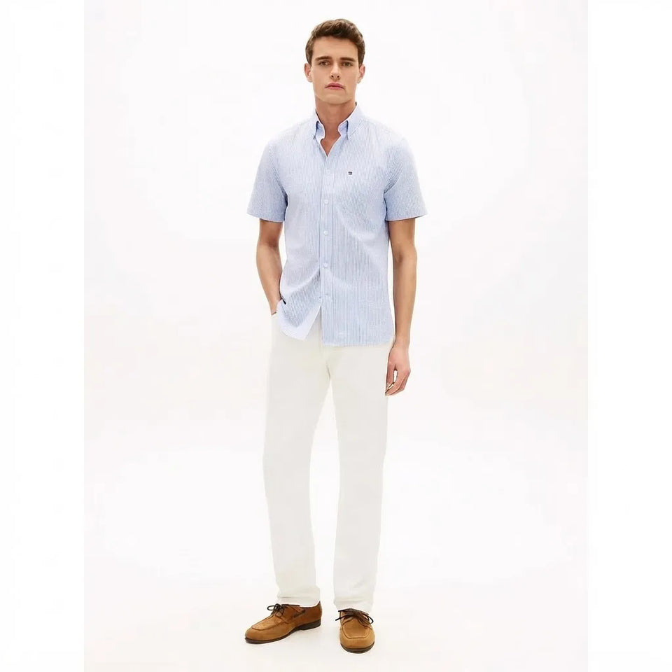 Tommy Hilfiger Men's Light Blue & White Vertical Stripes Short-Sleeve Shirt