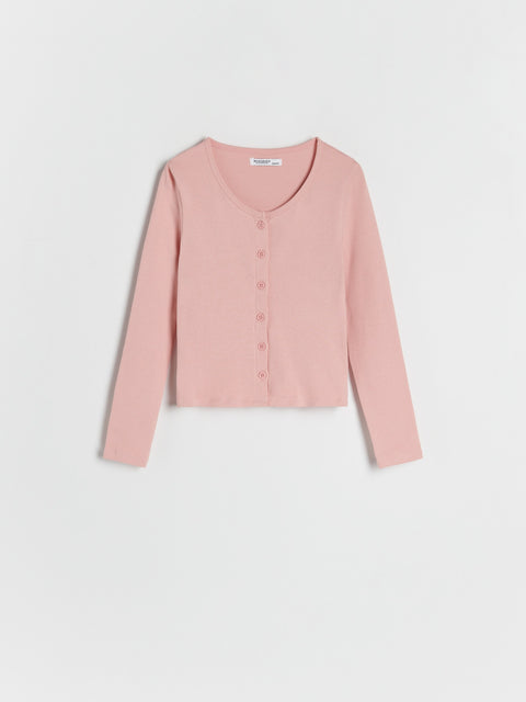 Pink cardigan on a light gray background