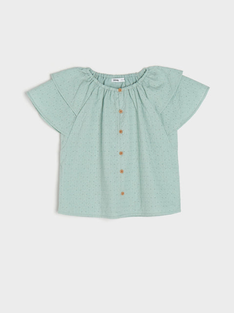 Green blouse with ruffled sleeves on a white background