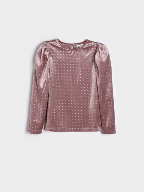 Pink long-sleeve top with subtle pattern on a white background
