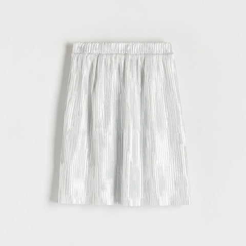 Silver pleated skirt on a light gray background