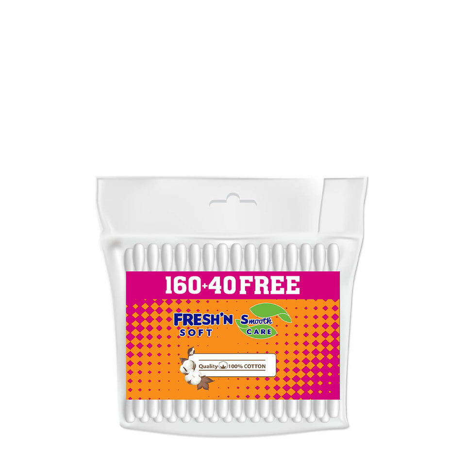 Packaging of Fresh'N Soft Cotton Buds, showing a clear plastic bag with white cotton buds visible inside, and branding details on a label.