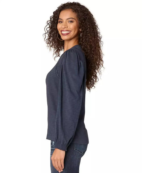 Democracy Women's Navy Petite Crewneck Crochet Long-Sleeve Blouse | Democracy In Lebanon