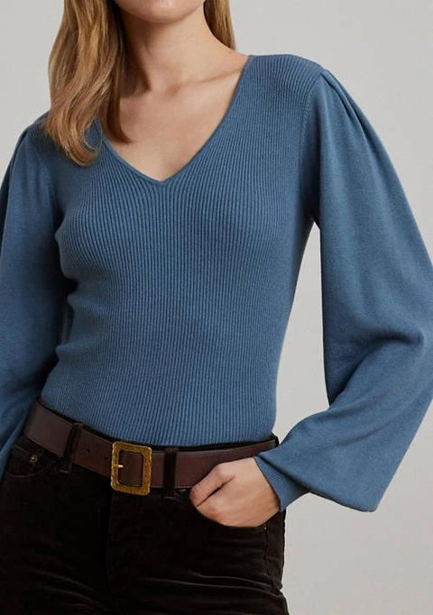 Lauren Ralph Lauren Women’s Washed Blue Cotton Blend Blouson Sleeve Sweater | Lauren Ralph Lauren In Lebanon