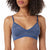 A woman wearing a blue heathered wireless bralette with adjustable shoulder straps and a wide underband, shown from the chest up against a plain white background.