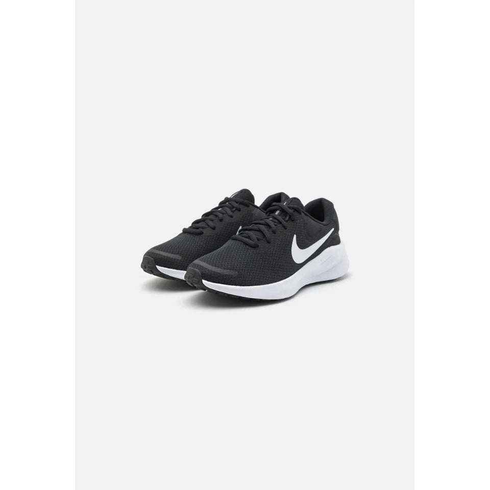 A pair of Nike running shoes in black and white, displayed on a clean light gray background.