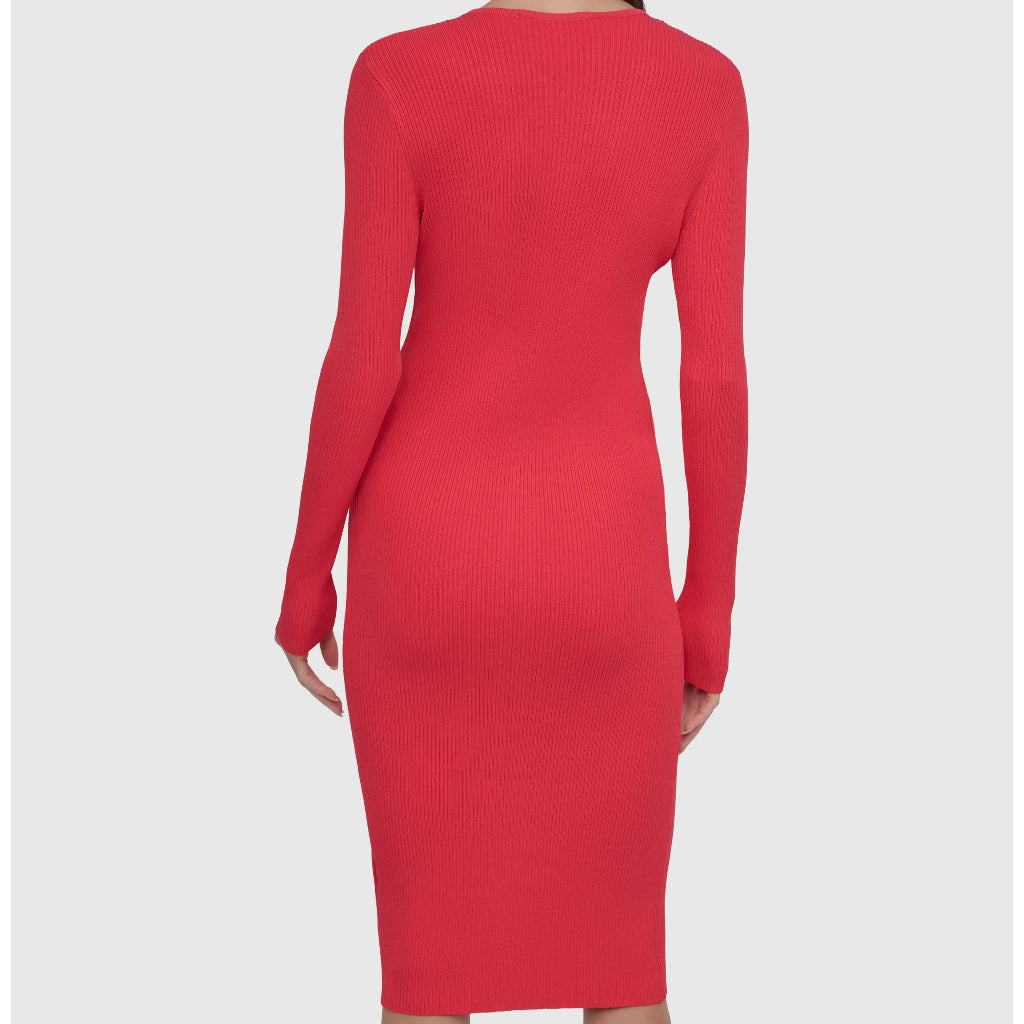 DKNY Women's Watermln Sugar Front Zip Long Sleeve Rib Midi Dress