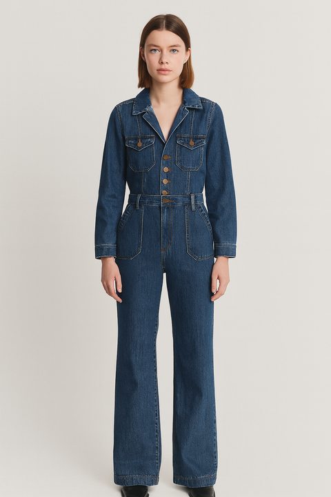 Forever 21 Women's Dark Blue Long Sleeve Denim Jumpsuit | Forever 21 In Lebanon