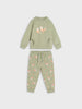 Children's green pajama set with fox patterns on a white background