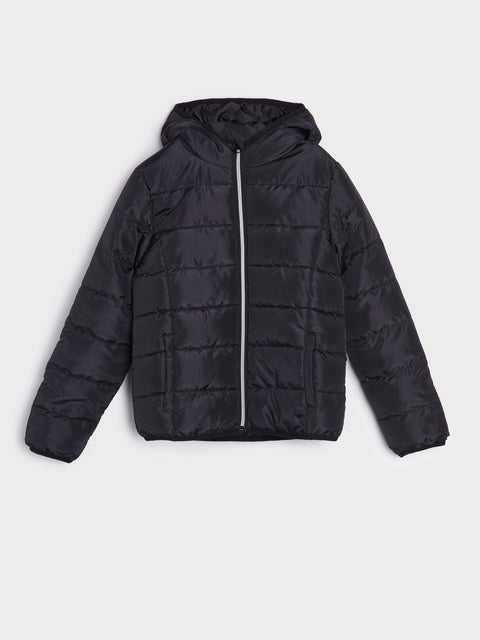 Black puffer jacket on a light gray background