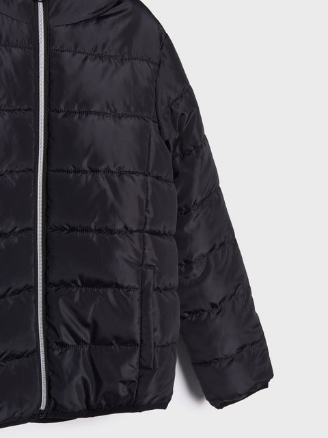 Black puffer jacket on a light gray background