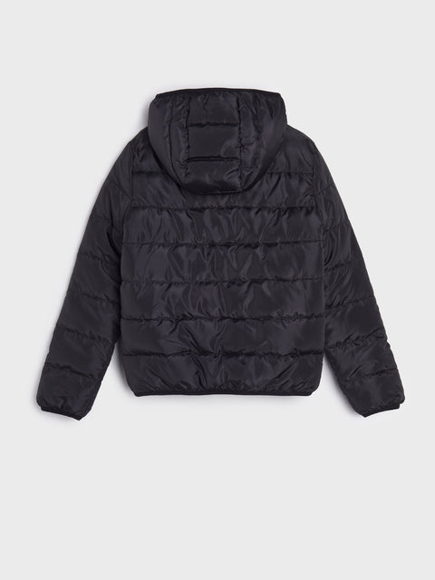 Black puffer jacket on a light gray background