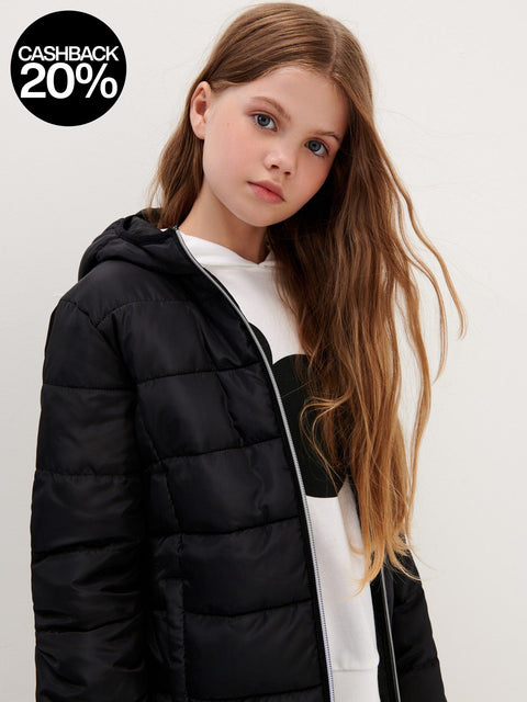Young girl wearing a black puffer jacket with a white background and cashback offer text.