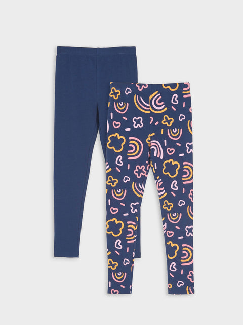 Pair of navy leggings with colorful abstract pattern on a light gray background