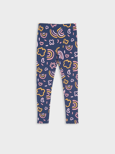 Navy leggings with colorful abstract pattern on a white background
