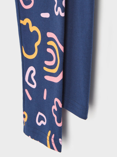 Navy blue fabric with colorful abstract patterns on a white background
