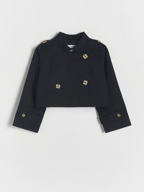 Black cropped jacket with gold buttons on a white background