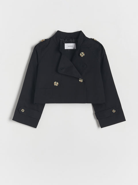 Black jacket with gold buttons on a light gray background