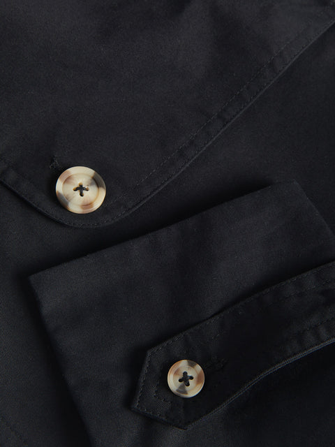 Close-up of a black jacket with buttons on a dark background