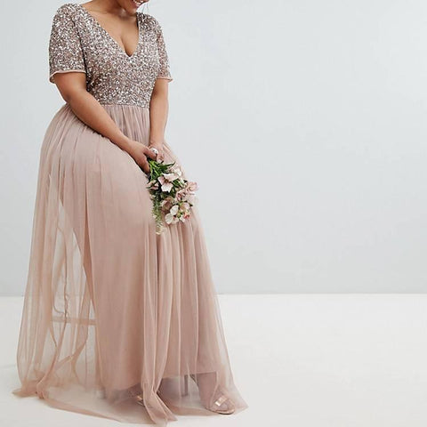 Maya Plus Women's Nude V Neck Maxi Tulle Dress AMF2388