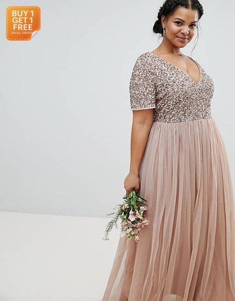 Maya Plus Women's Nude V Neck Maxi Tulle Dress AMF2388