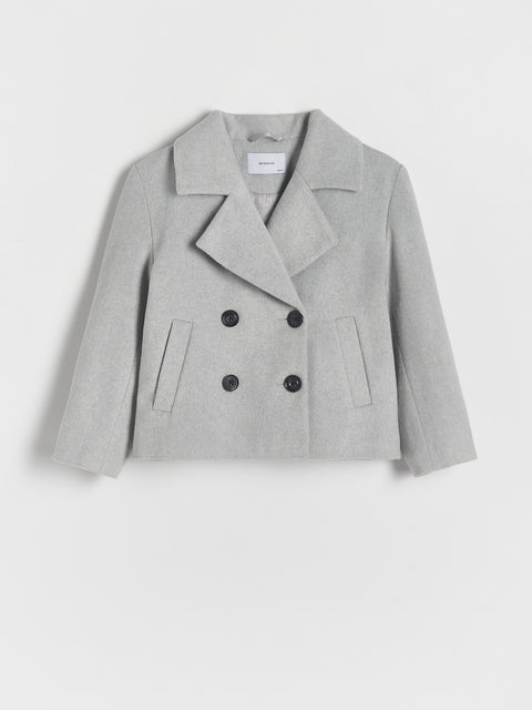 Gray peacoat with black buttons on a light gray background